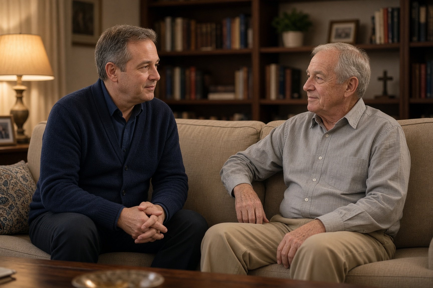 A chaplain sitting with an older man in a living room.