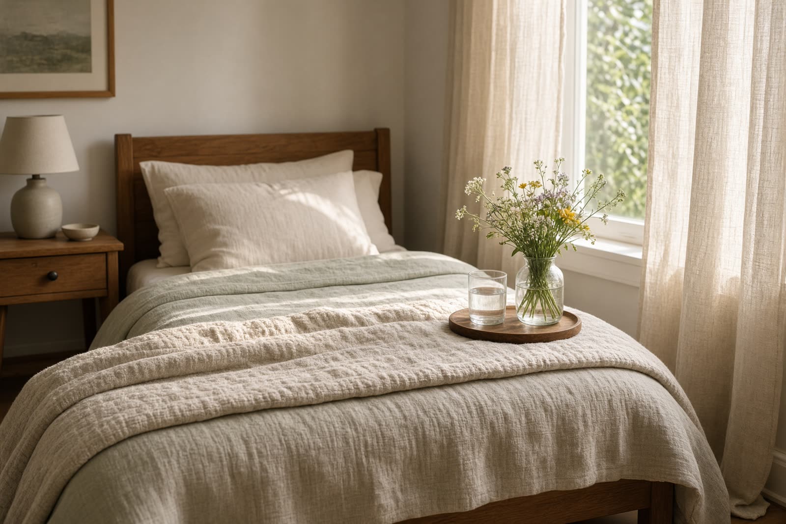 A quiet sunlit bedroom prepared for comfort.