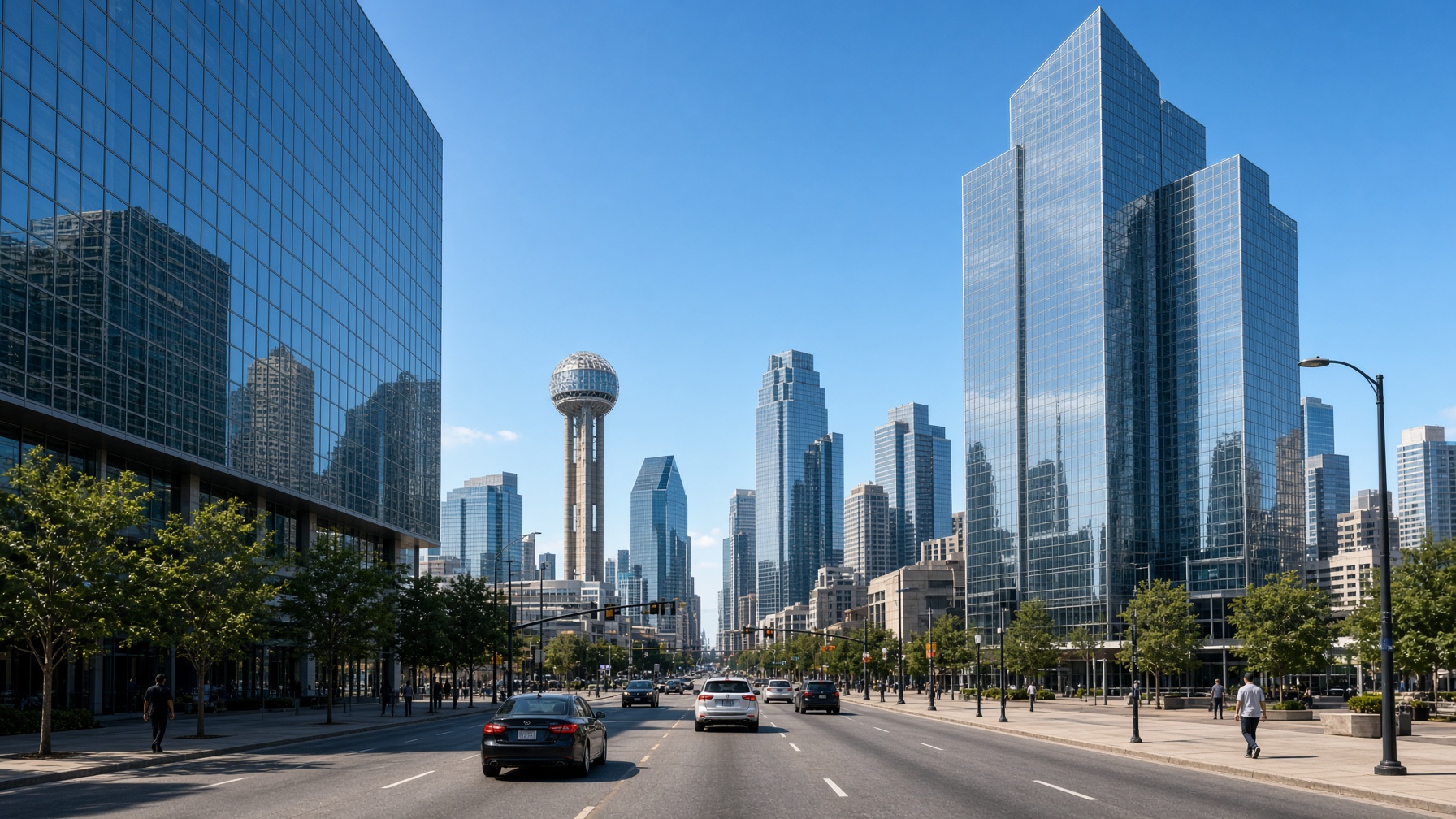 A sunny downtown Dallas street looking toward the skyline and Reunion Tower.