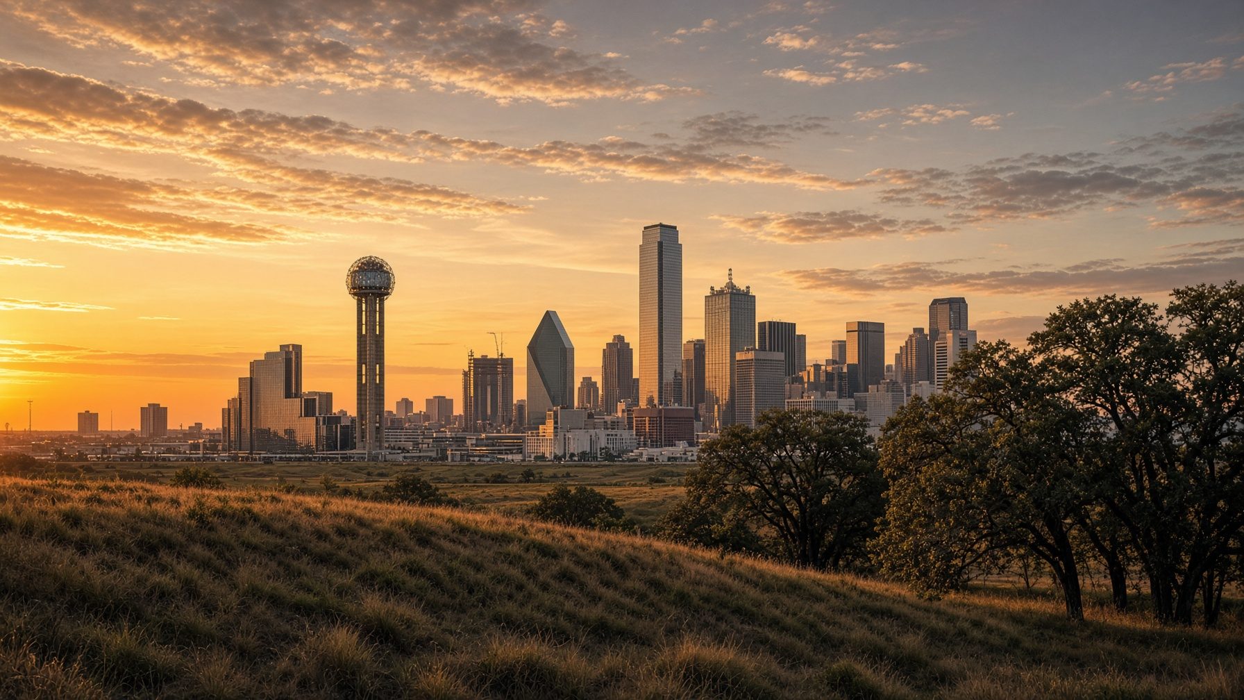 The Dallas skyline at golden hour, including Reunion Tower.