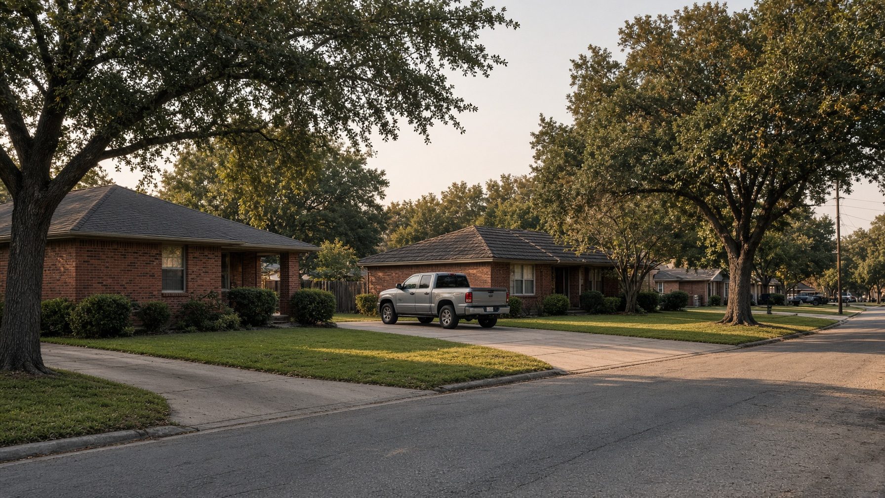 A brick ranch neighborhood in Dallas–Fort Worth at late afternoon.
