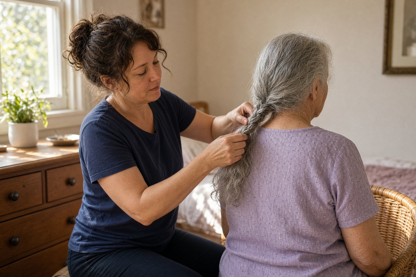 A daughter gently brushing her mother’s hair at home.