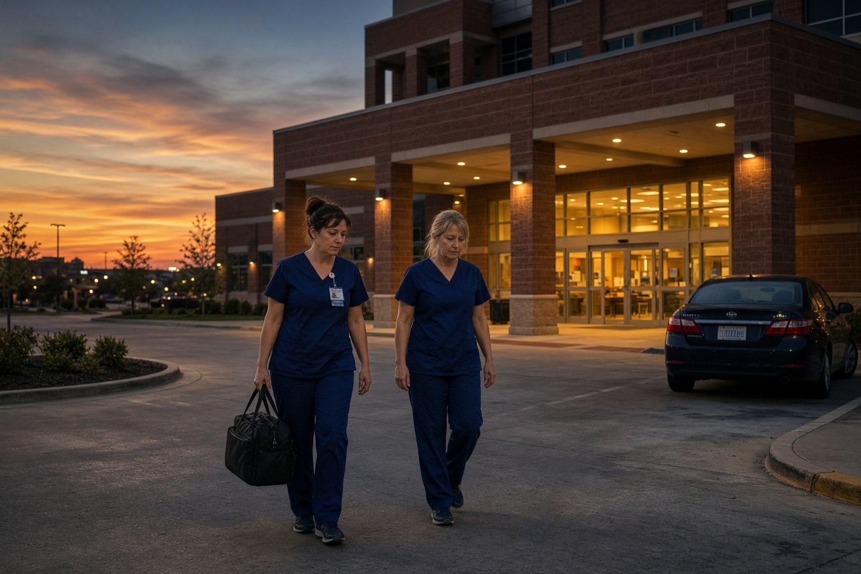 Two nurses leaving a North Texas hospital at dusk.