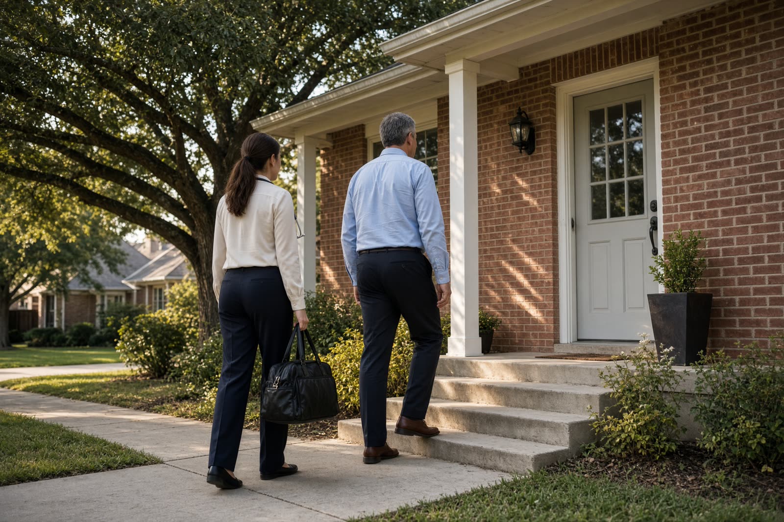 Two hospice clinicians walking up the steps of a brick Texas home.