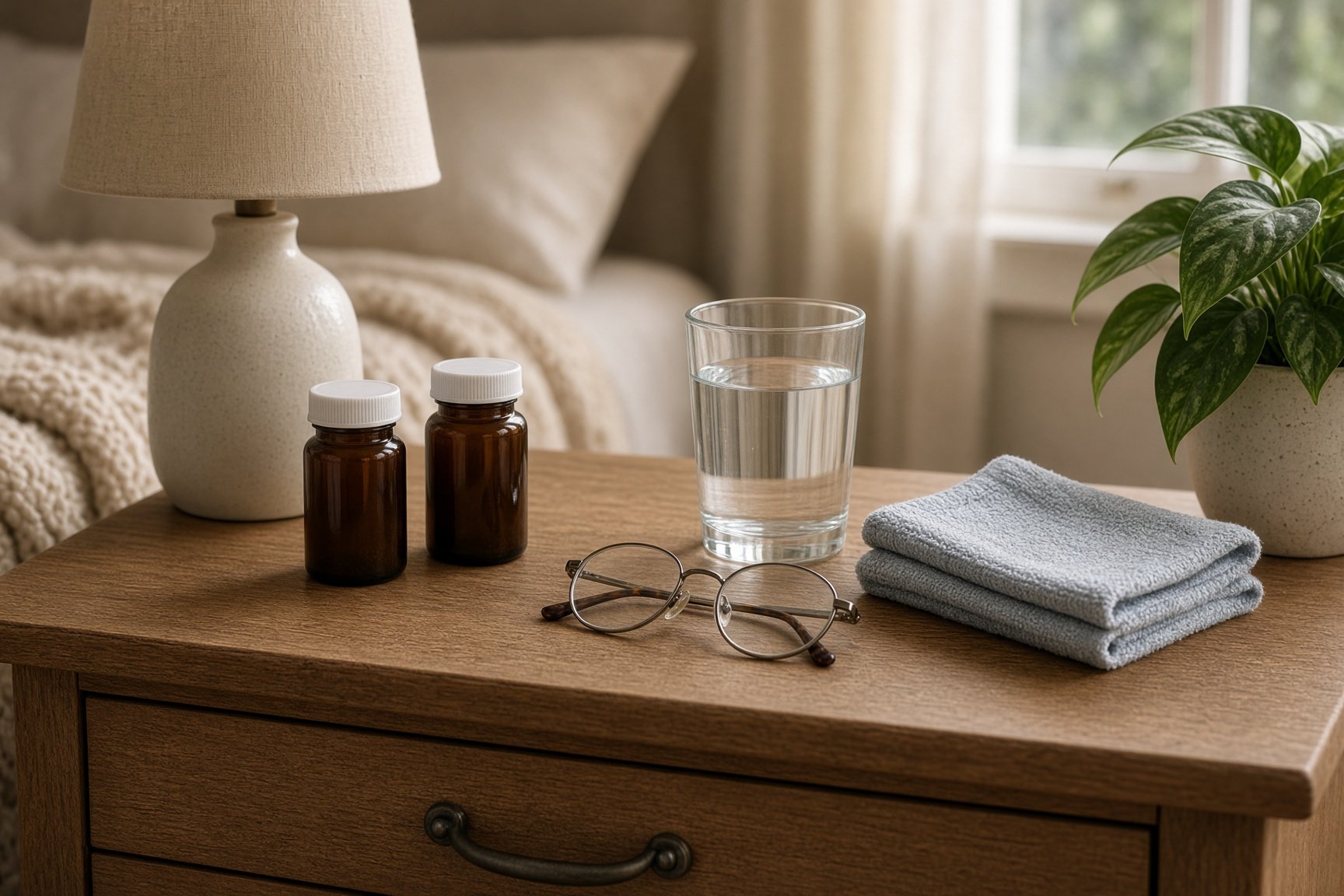 Hospice comfort medications and supplies on a home nightstand.