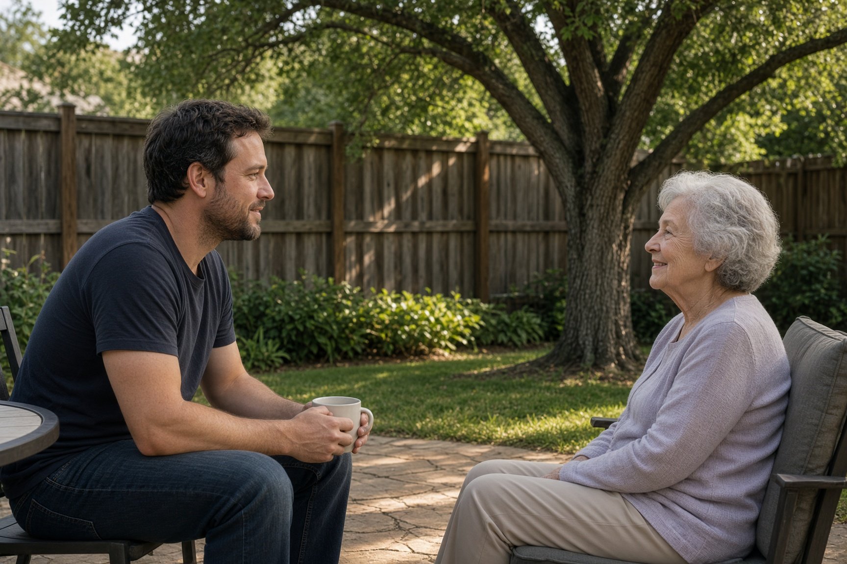 An adult son sitting with his mother on a Texas backyard patio.